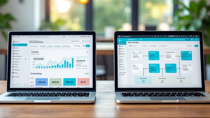 Deux ordinateurs comparant un outil emailing et un constructeur de tunnel