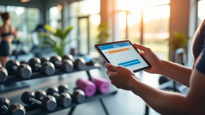 Coach sportif consultant un agenda de réservation sur tablette dans une salle