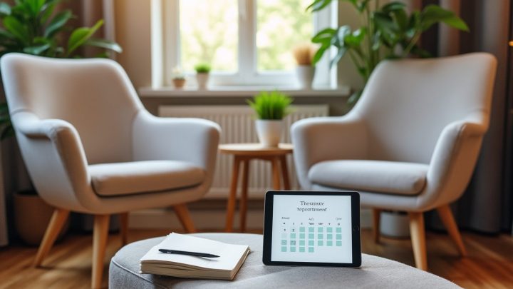 Cabinet de thérapeute avec une tablette affichant un calendrier de réservation